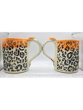 Cheetah Spot Mug Signed Leia-Rae Belcourt Dog Patch Pottery Retired Set Of 2